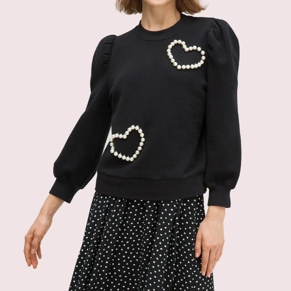 Kate Spade Embellished Pearl Heart Sweatshirt Black Puff Sleeve Black Small